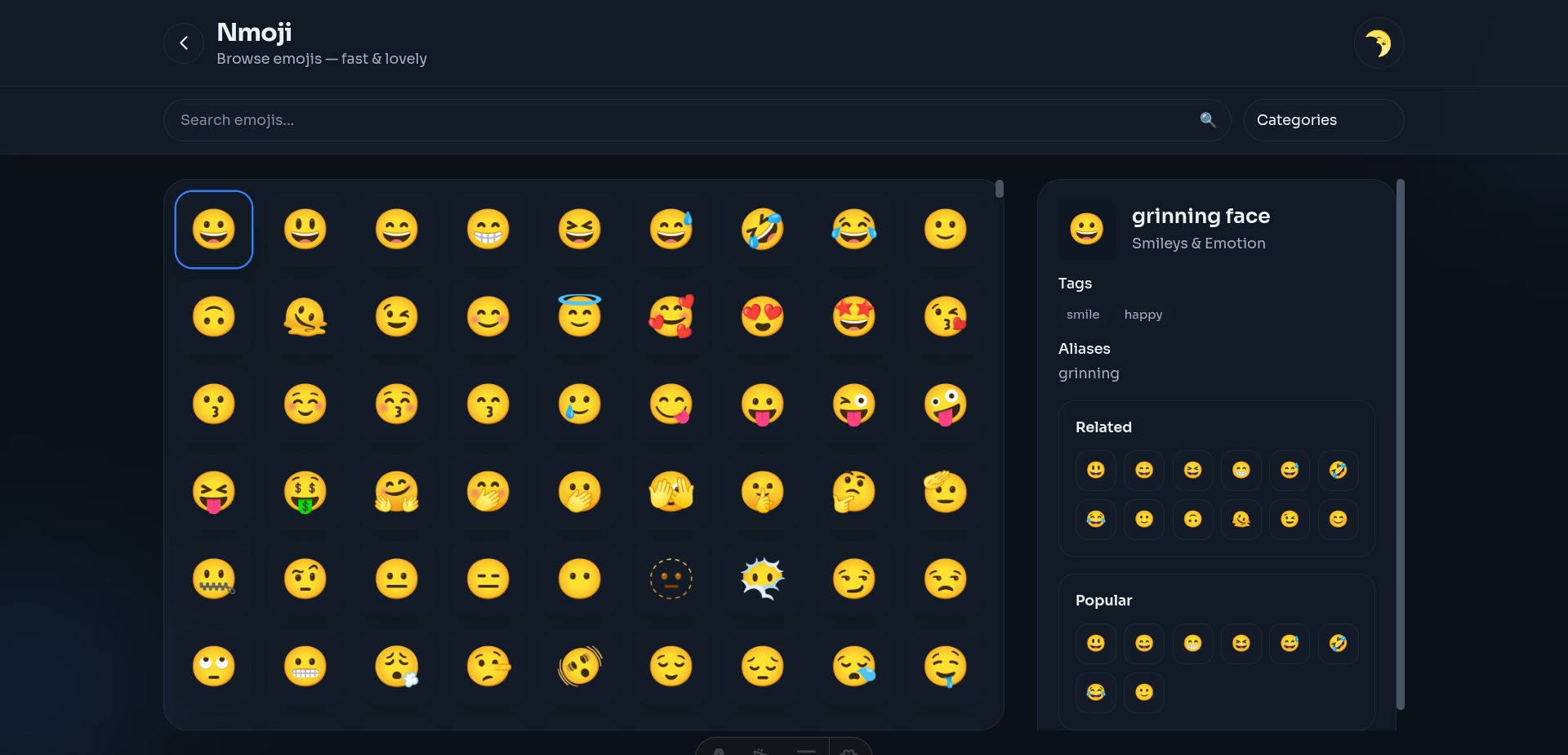 Nmoji emoji browser interface showing search and emoji selection